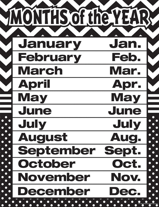 Black  White Chevrons And Dots Months Of The Year Chart XTCR7566