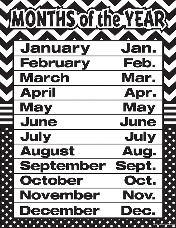 Black  White Chevrons And Dots Months Of The Year Chart XTCR7566